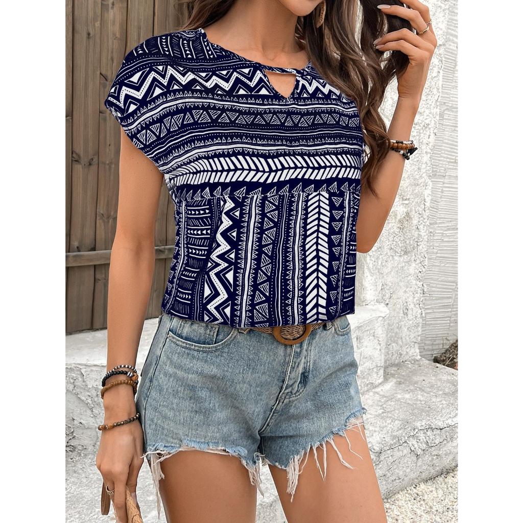 GMXIA Women's European and American Geometric Pattern Round Neck Short-sleeved Shirt Top
