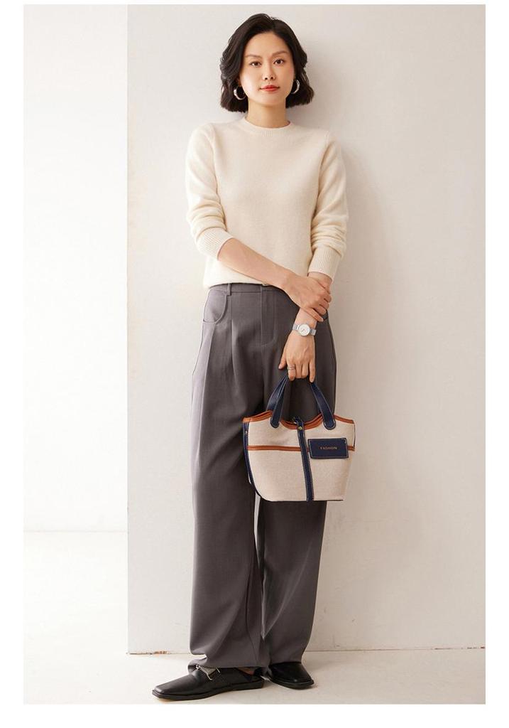 Women's Solid Color Cashmere Knit Sweater: Round Neck, Long Sleeve, Double-Ply Base Layer for Autumn & Winter.