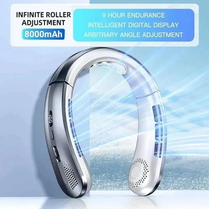 Ventilatore Elettrico Portatile da Collo 8000mAh Senza Pale Mini Ricaricabile Silenzioso Display Digitale LED Raffreddatore d'Aria per Esterno