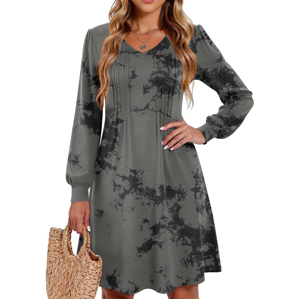 Ladies' Printed Casual And Fashionable V-neck Long Sleeved Mid Length Dress