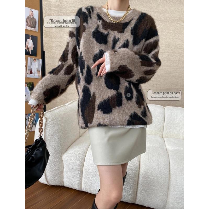 Sinan Medieval Lazy Style Leopard Print Loose Slim Knit Sweater SN6769