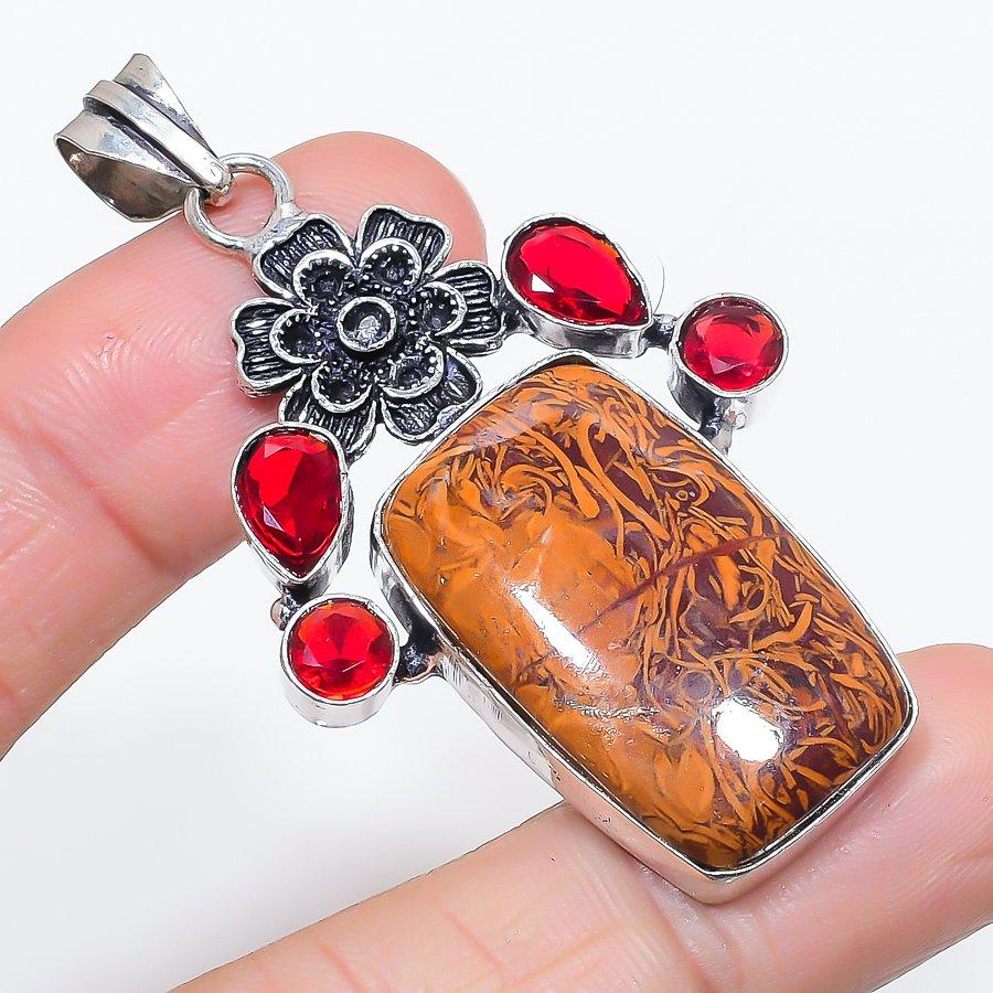 Natural Mariam Jasper, Garnet 925 Sterling Silver Jewelry Pendant 2.44" E6Q37