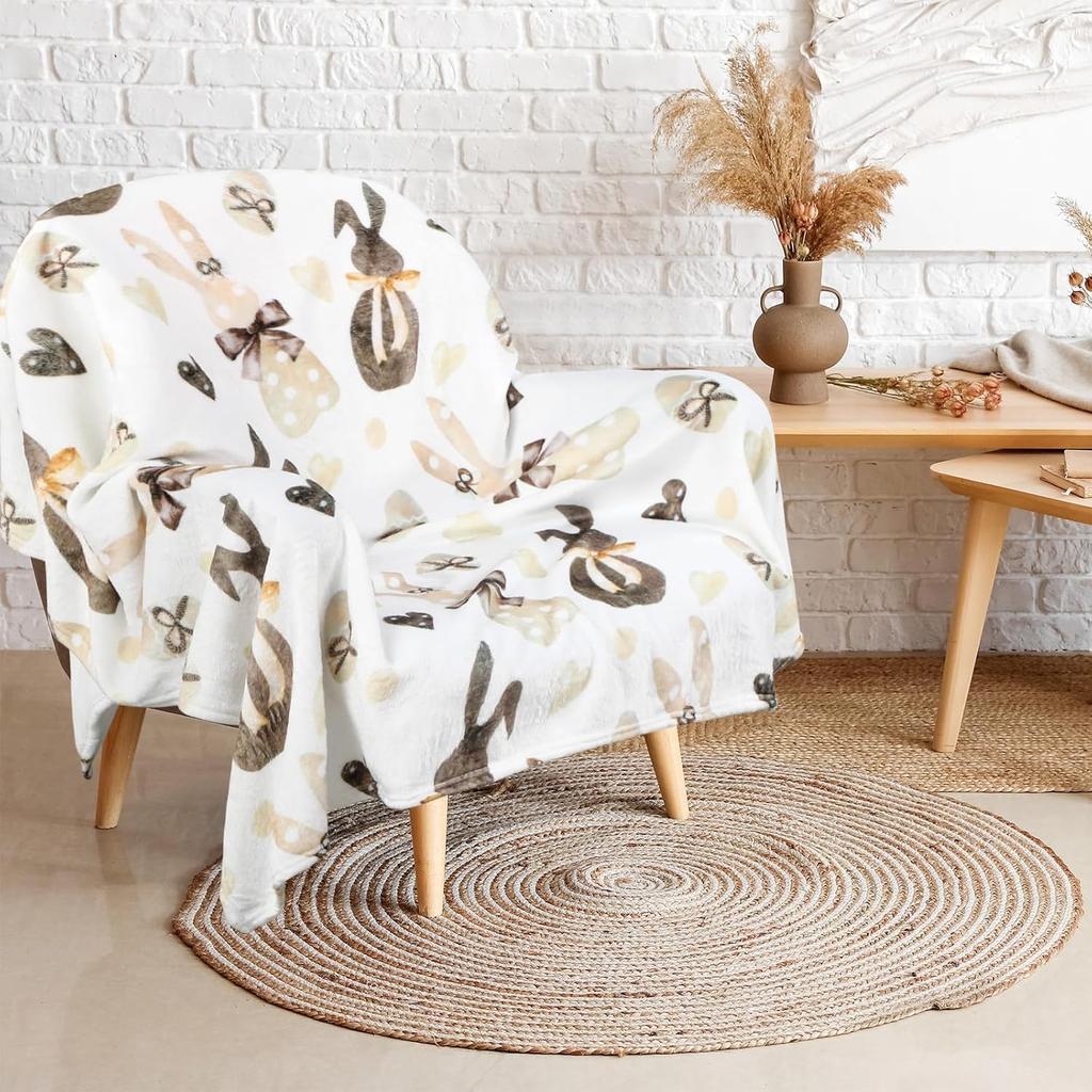 Easter Bunny Happy Blanket 50x60 Inch Rabbit Eggs Love Heart Bows Fleece Throw Decoration Farmhouse Blanket Soft Warm Bed Ornaments for Couch Sofa