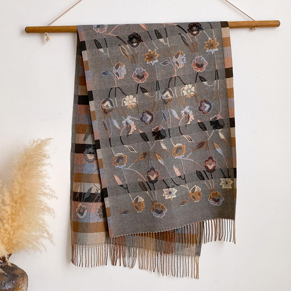 Women Bohemian Style Floral Pattern Imitation Cashmere Scarves Winter Warm Two-Sided Thick Long Tassel Shawl Coldproof Scraf