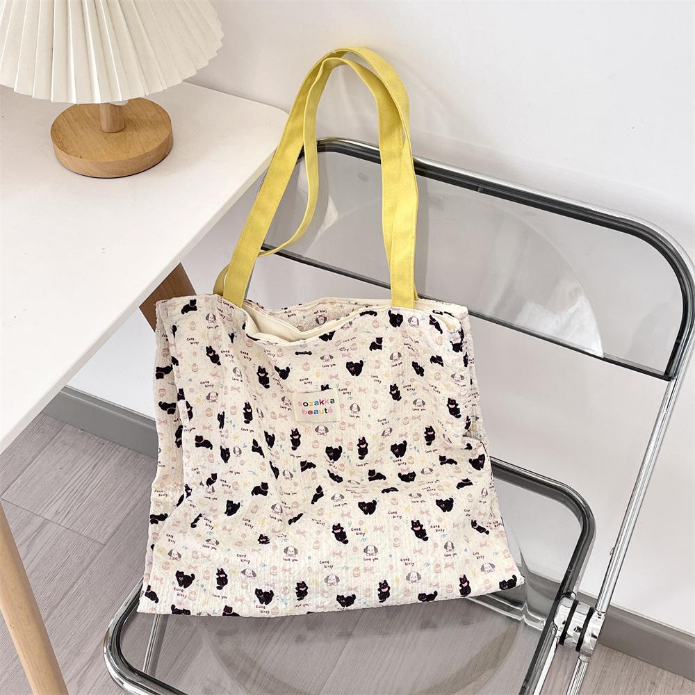 Cute Printed Kitten Canvas Bag Large Capacity Double Layer Work Bag Student Girl Summer Handbag