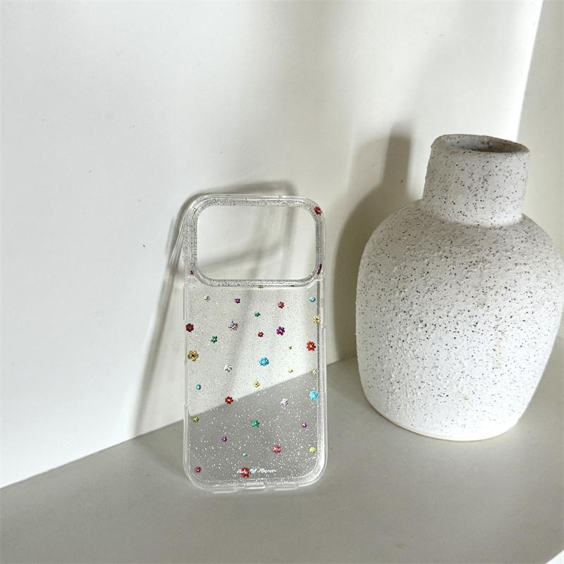 Kawaii Colorful Tiny Floral Glitter Clear Phone Case For iPhone 14 15 16 17 Pro Max INS Cute Large Window Shockproof Cover