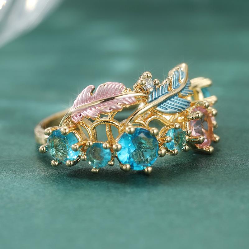 Gorgeous Inlaid Sea Blue CZ Leaves Enamel Women's Ring Gold Color Hand Carving Daily Wear Party Jewelry Anniversary Gift