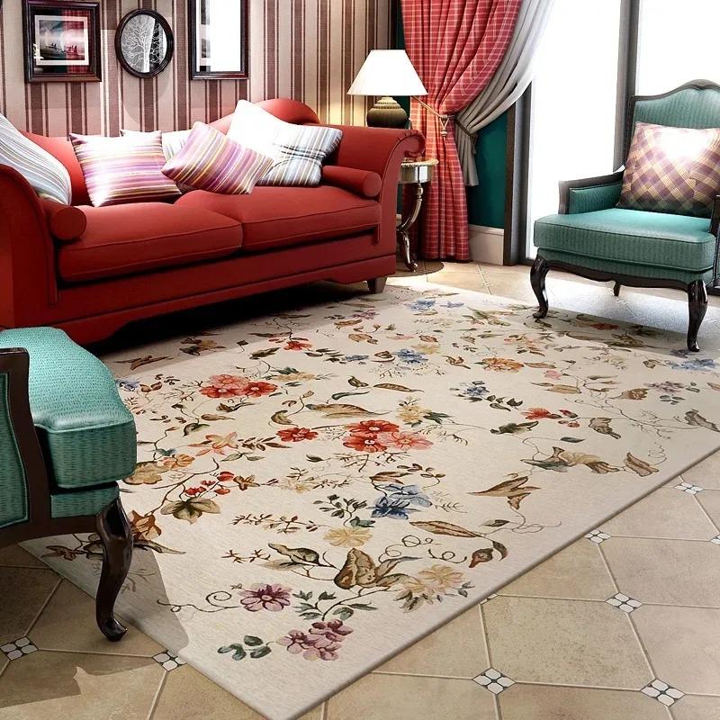 Luxury Pastoral Carpets for Living Room Decoration Retro Flower Bedroom Kitchen Floor Mat Home Sofa Coffee Table Area Decor Rugs