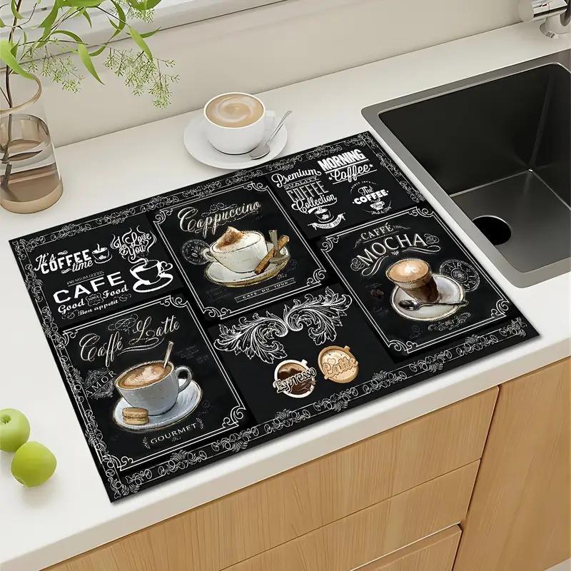 Creative Coffee Print Kitchen Drying Mat Soft Rubber Non-Slip Absorbent Stain-Resistant Mats for Coffee Bar Countertops Dish Mat