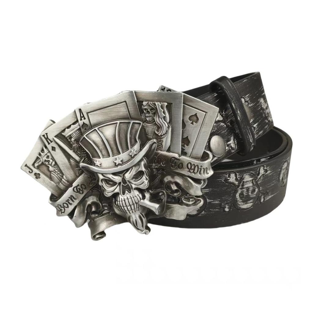 Trendy Skull Alloy Silver Buckle Embossed Belt Playing Card Buckle Fashion Youth Trouser Belt