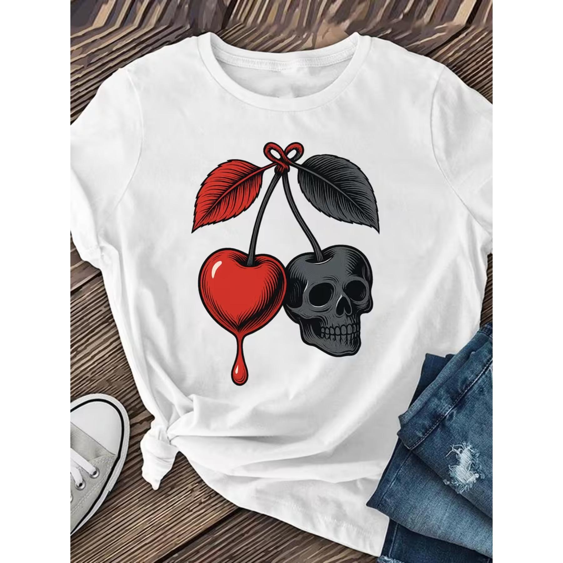 Cherry and Skull Pattern Women s Short-sleeved Shirt, Casual Short-sleeved T-shirt, Women s Clothing S белый