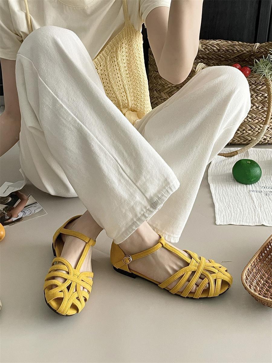 

French Mori Ankola red bag head sandals women s flat 2025 summer skirt T-belt woven Roman shoes 35 жовтий