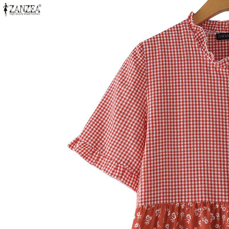 ZANZEA Women Casual Round Neck Loose Short Sleeve Plaid Print Dress