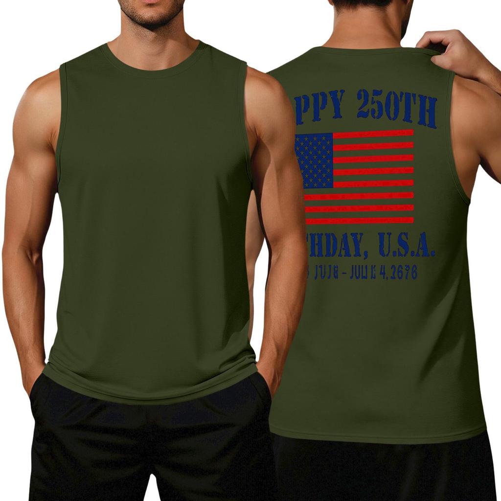 Men's Loose Fit Sleeveless Casual Tank Top with Flag Print Comfortable Athletic Muscle Shirt for Summer Outdoor Activities