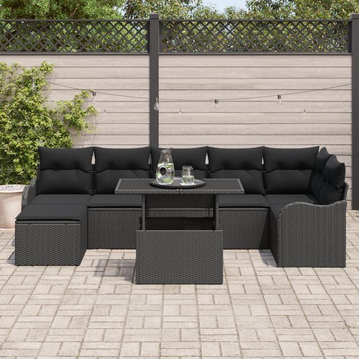 Ensemble de Canapé de Jardin vidaXL 8 pièces avec Coussins Noir Rotin Synthétique, Canapé de Jardin 2 places vidaXL avec 3348509