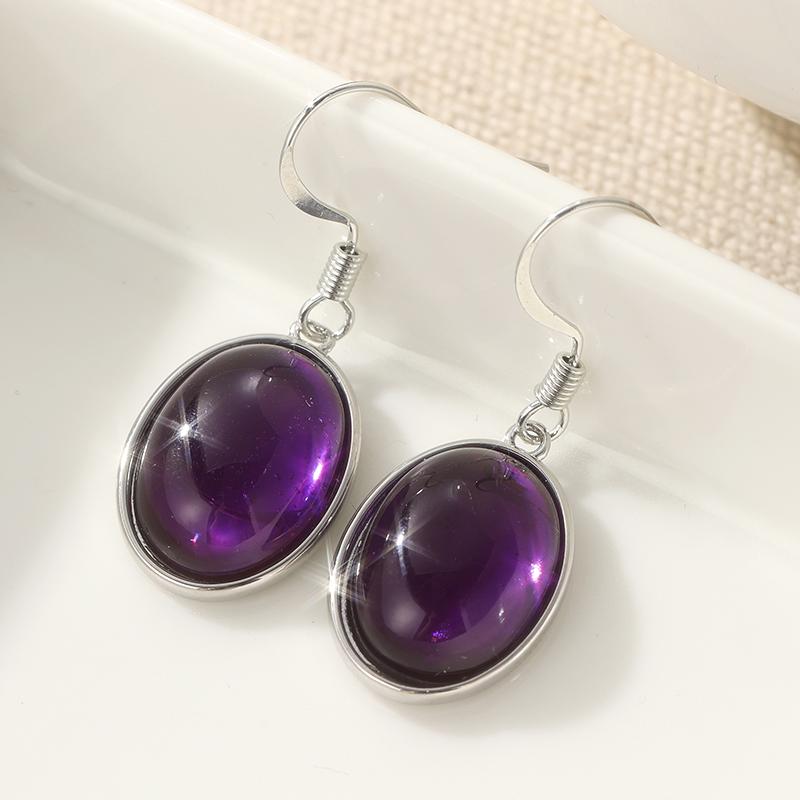 Vintage Copper Color Purple Stone Dangle Earrings Woman Oval Party Daily Wear