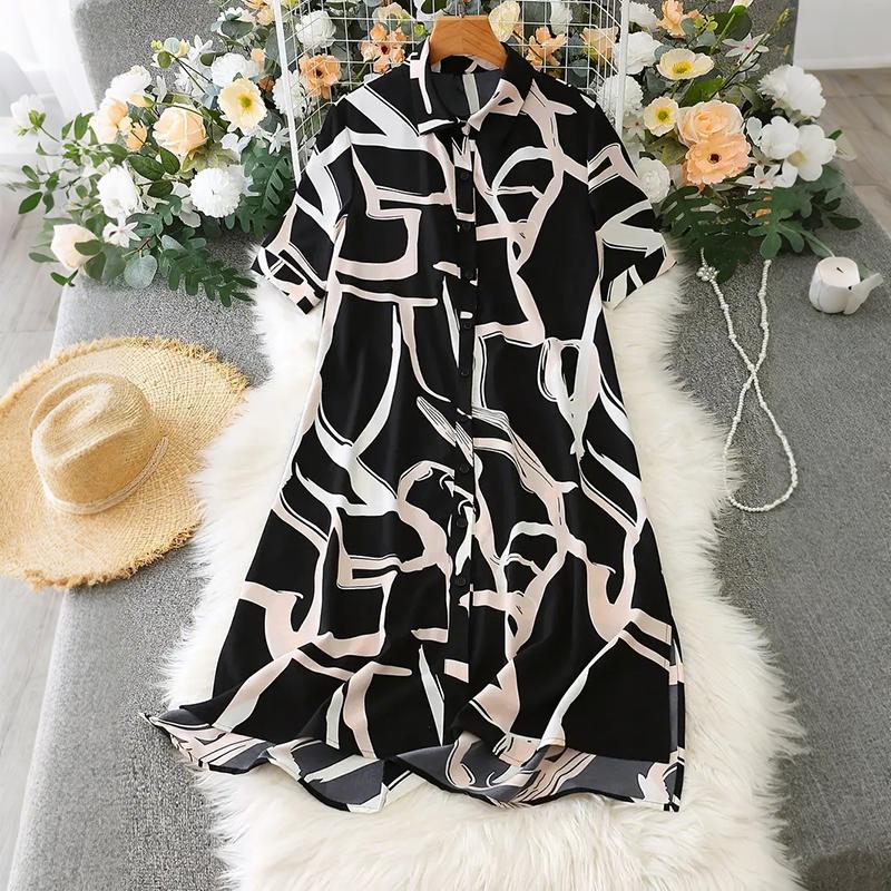 

Жіноча літня сукня з коротким рукавом, лацканом, нерегулярним смугастим принтом, святкова, цільна L