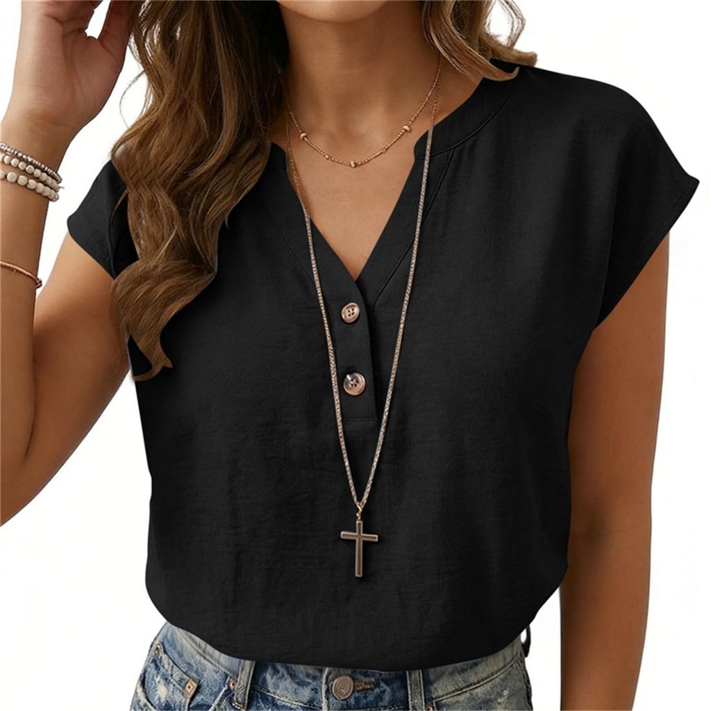 Women’s Casual Loose Fit Button Front Short Sleeve Blouse Relaxed V Neck Lightweight Top Suitable for Everyday Wear