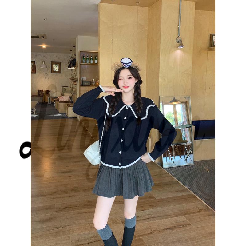 2026 Autumn Women s Plus Size Sweet Color Block Knit Top with Doll Collar and Long Sleeves XL темно-синий