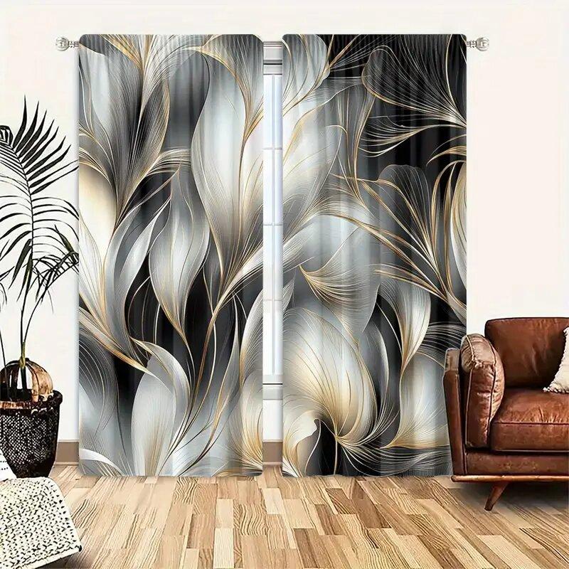 2 Pcs Black and White Maple Leaves Print Curtains  Suitable for Bedroom  Living Room Kitchen Decor  Home Decoration  Window Decor
