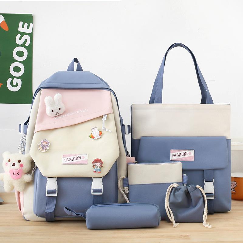 Fashionable Schoolbag Contrast Color Schoolbag Female Primary School Junior High School Student Backpack Campus Five-piece Set Canvas Casual Backpack