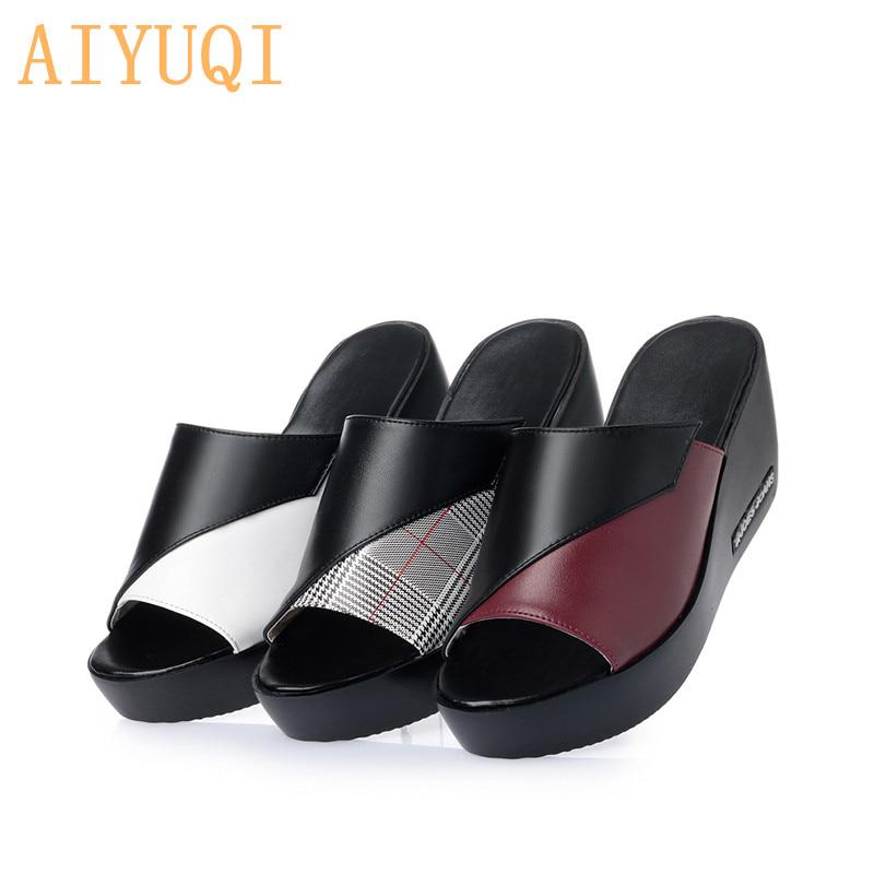 Woman Platform Flip Flops Summer Women Genuine Leather Slipper High Heel Shoes  Women Slipper