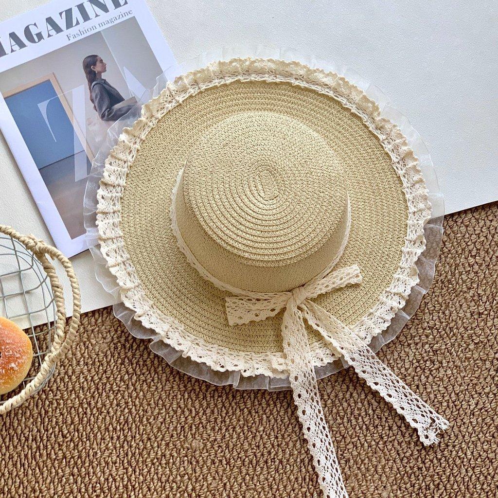 Summer Womens Sun Hat With Lace Ribbon Wide Brim Sun Protection Outdoor Beach Accessory