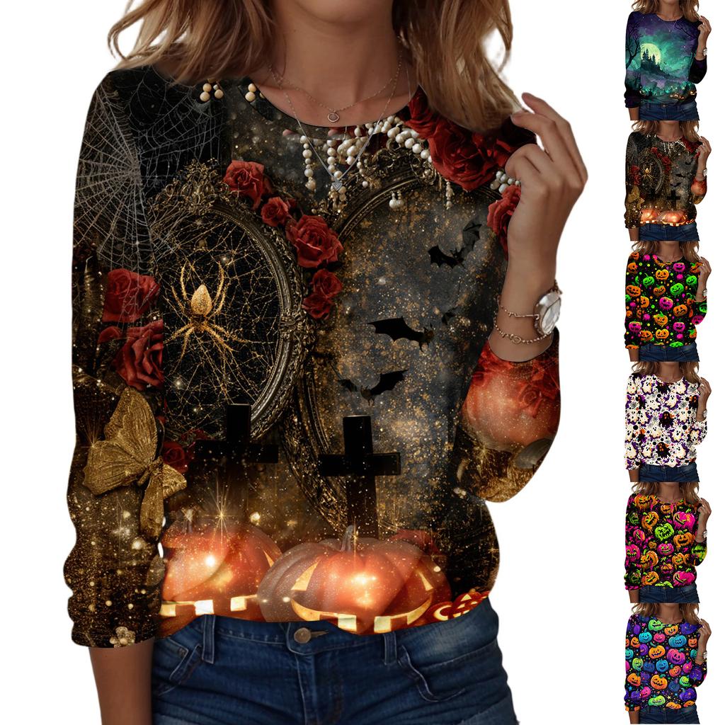 Women's Halloween Print Pullover Sweatshirt Crew Neck Long Sleeve Casual Loose Fit Top for Fall and Winter