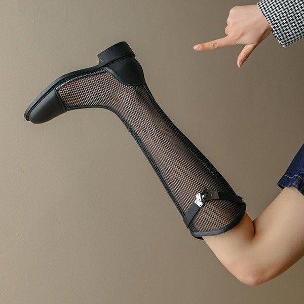 Fashion Soft leather thin boots hollow long boots 2025 summer new women's shoes mesh high-top breathable mesh boots