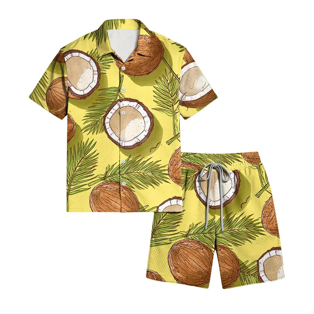 Men's Casual Printed Lightweight Breathable Shirt and Drawstring Shorts Set