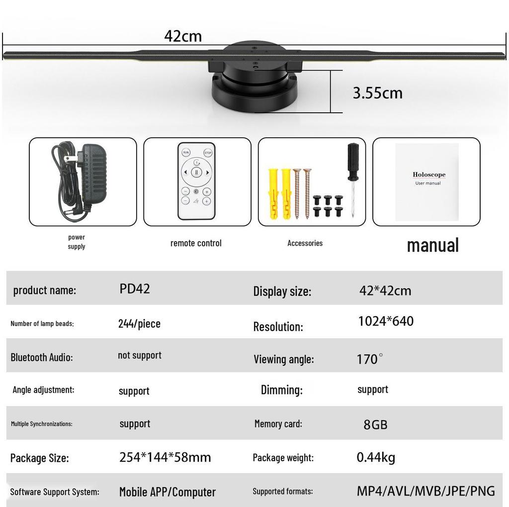 42CM 3D Holographic LED Fan Projector: Wall-Mounted Rotating Display for Aerial Advertising