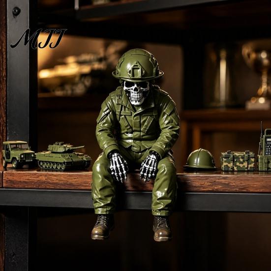 Creative Resin Crafts Halloween Skeleton Ornament, Policeman/Military Gothic Skull Figurine, Creepy Sculptures Dark Style Sitting Pose Sculpture