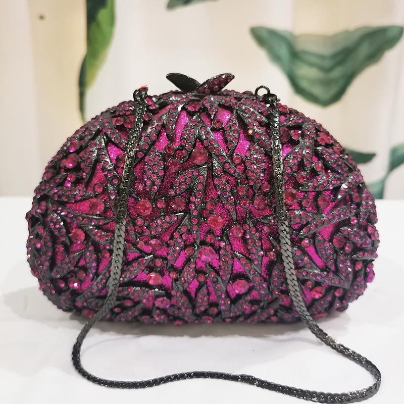 Fuchsia/Rosenrot Diamant Abendtaschen Damen Geldbörsen Clutch Luxus Designer Tasche Damen Halbrund Kristall Blätter Mini Handtaschen