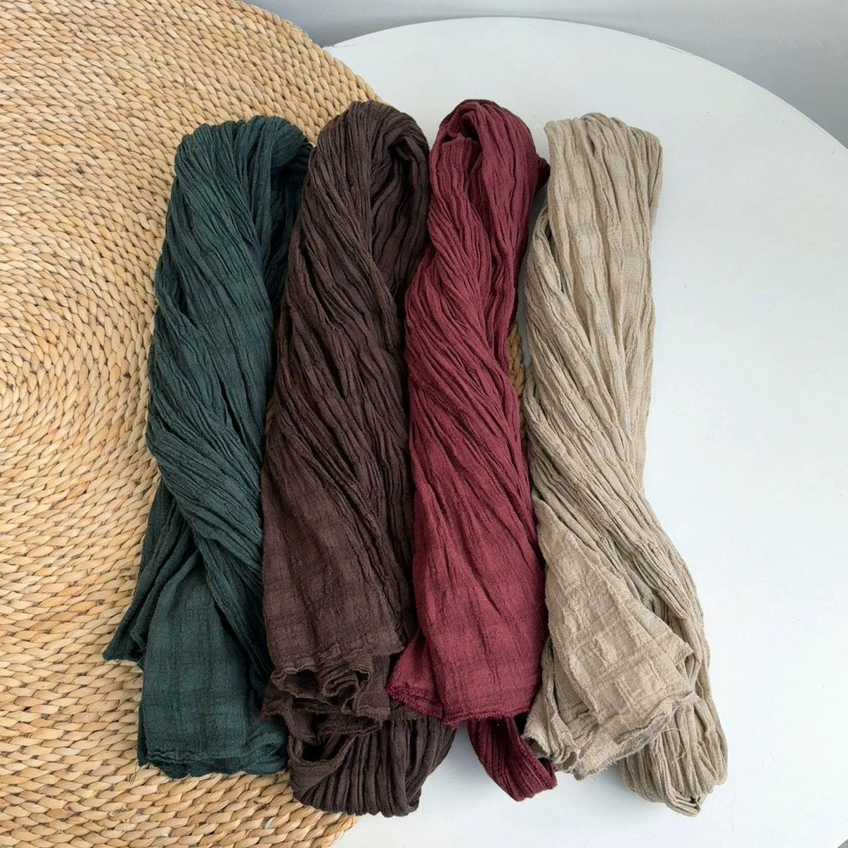 Yto Scarf Women's Solid Color Long Cotton & Linen Wrinkled Scarf For Versatile Warm Neck Shawls And Scarves For Cm