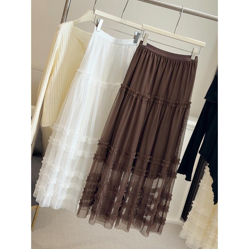 

High-end fungus lace A-shaped skirt women s spring new mesh medium and long cake fluffy skirt One size fits all кофейный