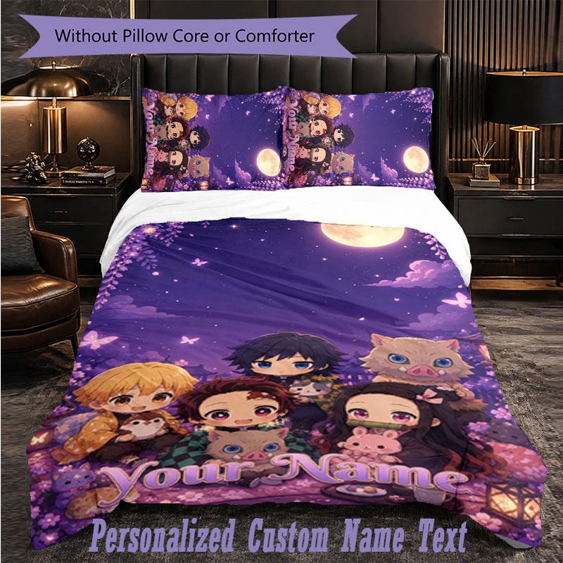 Personalized 3Pcs Bedding SetDemon Slayer Custom Text Duvet Cover Pillowcase Set Bedroom Gift