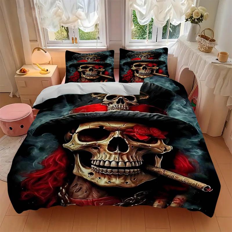 3pcs Skulls in Hats Quilt Cover Set - Soft and Cozy Bedroom, Guest Room and Dorm Decorative Bedding 3-Piece Set 1 Quilt Cover + 2 Pillow Shams.J0