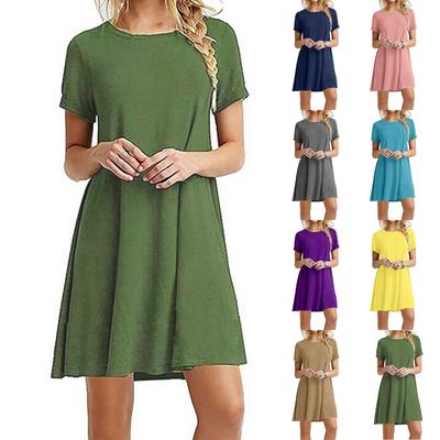 Kvinners vår og sommer rund hals kortermet stor løs ensfarget kjole