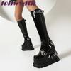 Fashion Metal Belt buckle zipper Solid Black height increasing Ladies New Boots round Toemid calf winter UniqueShoes
