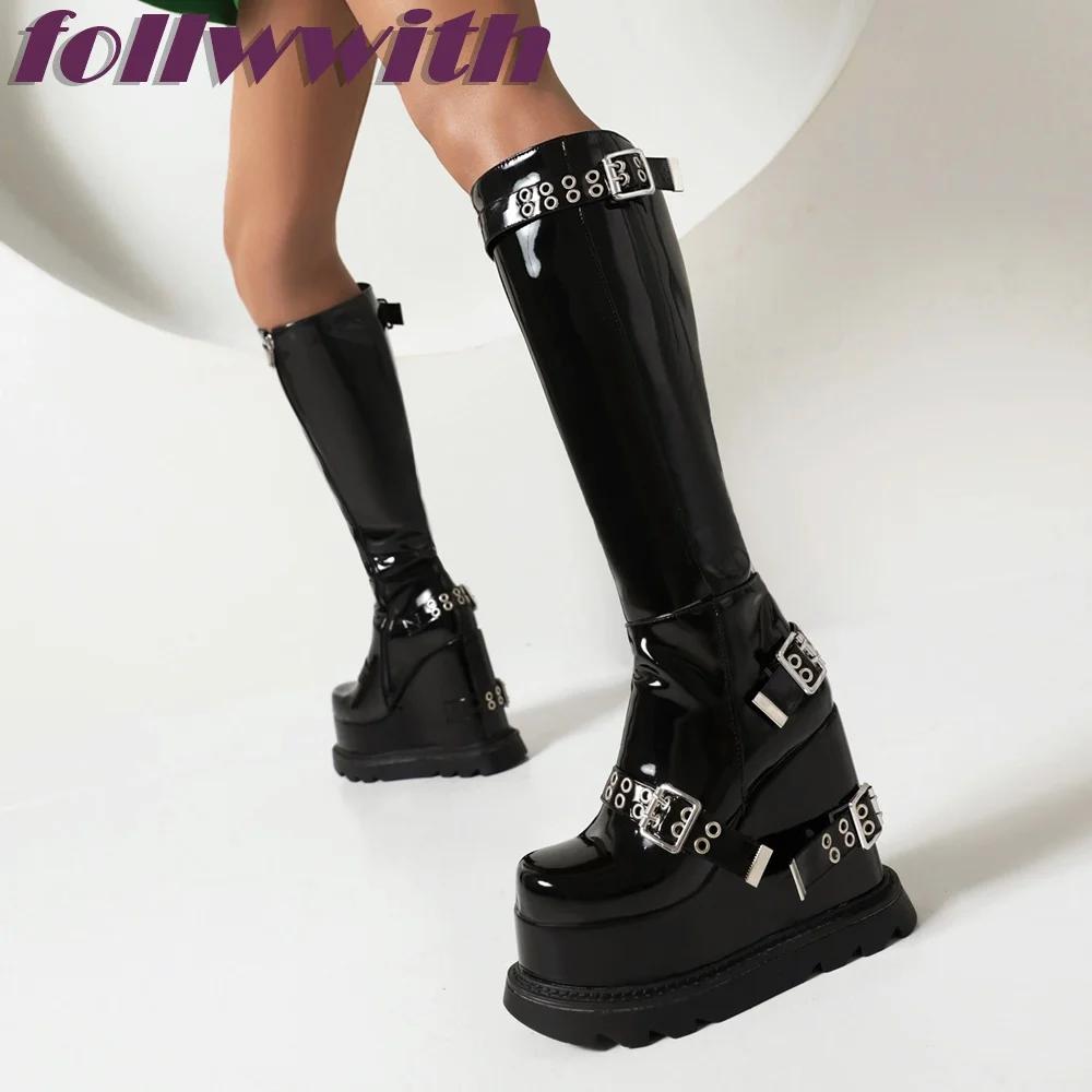 Fashion Metal Belt buckle zipper Solid Black height increasing Ladies New Boots round Toemid calf winter UniqueShoes