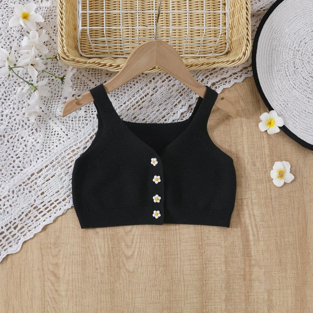 Girls' Knit Sleeveless Top With Flower Buttons - Kids' Clothing