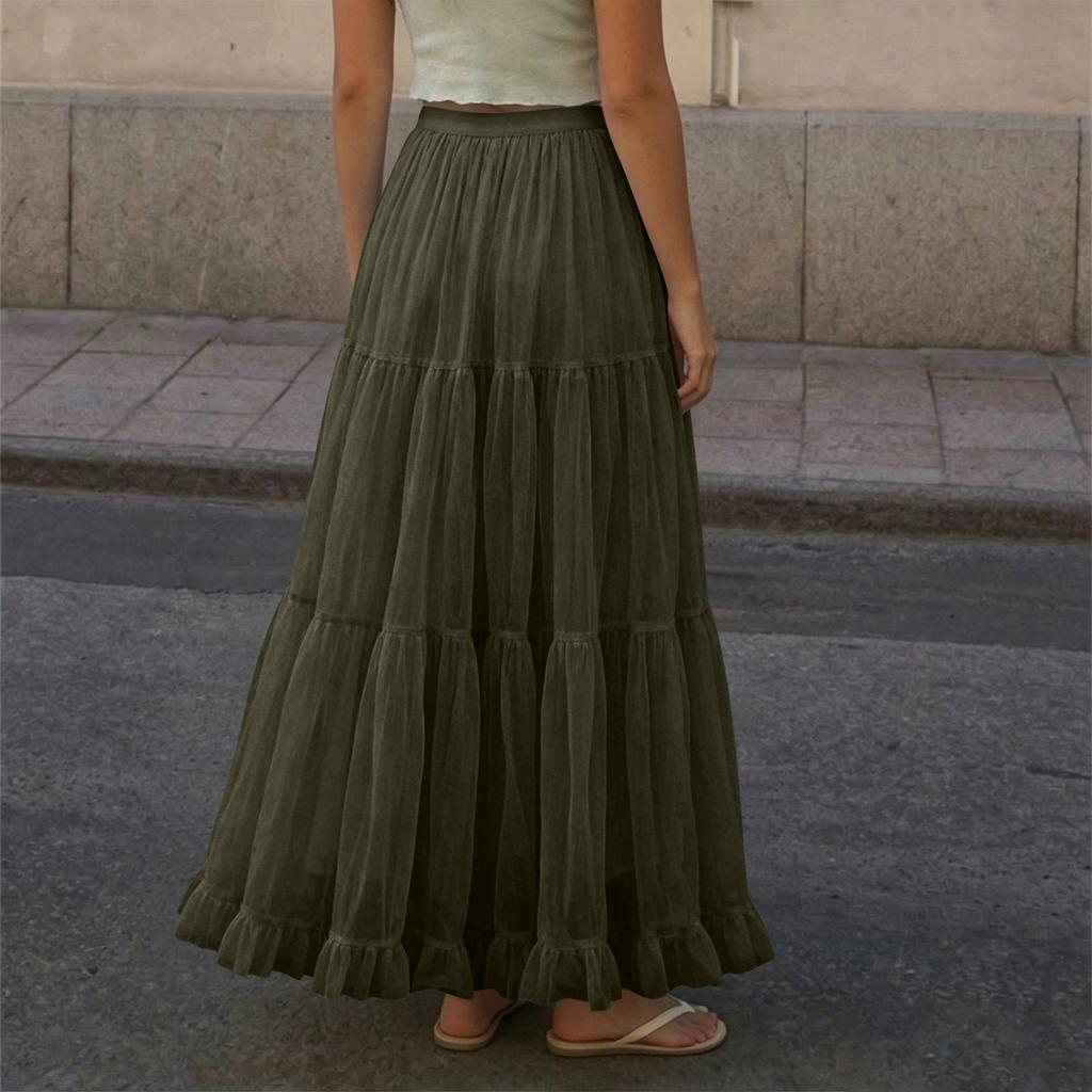 Women's Mesh Tulle Midi Skirt - Ruffle Tiered Skirt, Full A-Line Maxi Skirt
