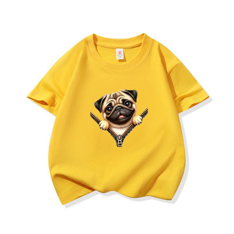Kids Cotton T Shirt Charming Pug Dog Zipper Print Crew Neck Short Sleeve Tee Casual Breathable Boys Girls Summer Tops