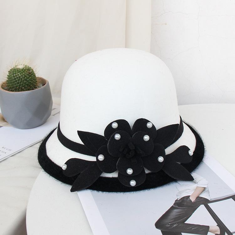 Wool Bucket Hat Ladies Autumn And Winter Leisure Basin Hat Fashion Bead Flower Felt Top Hat
