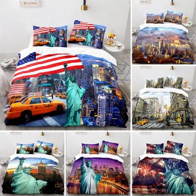 Copripiumino King Size Statua della Libertà Microfibra Edificio Famoso in Tutto il Mondo Set Biancheria da Letto Punto di Riferimento di New York Paesaggio Urbano Copripiumino