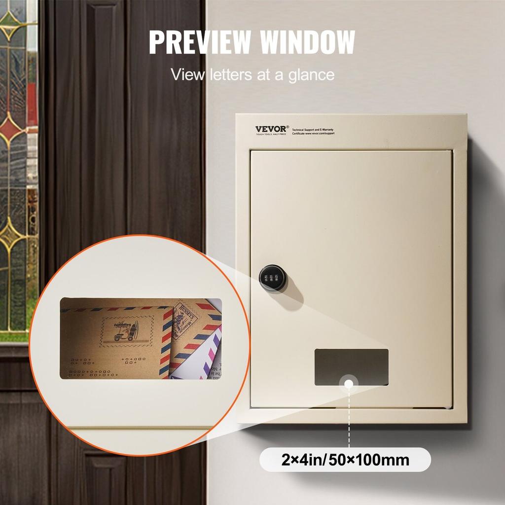 Through The Wall Drop Box 12.5x6.3x16.9" Mailbox with Code Lock Beige