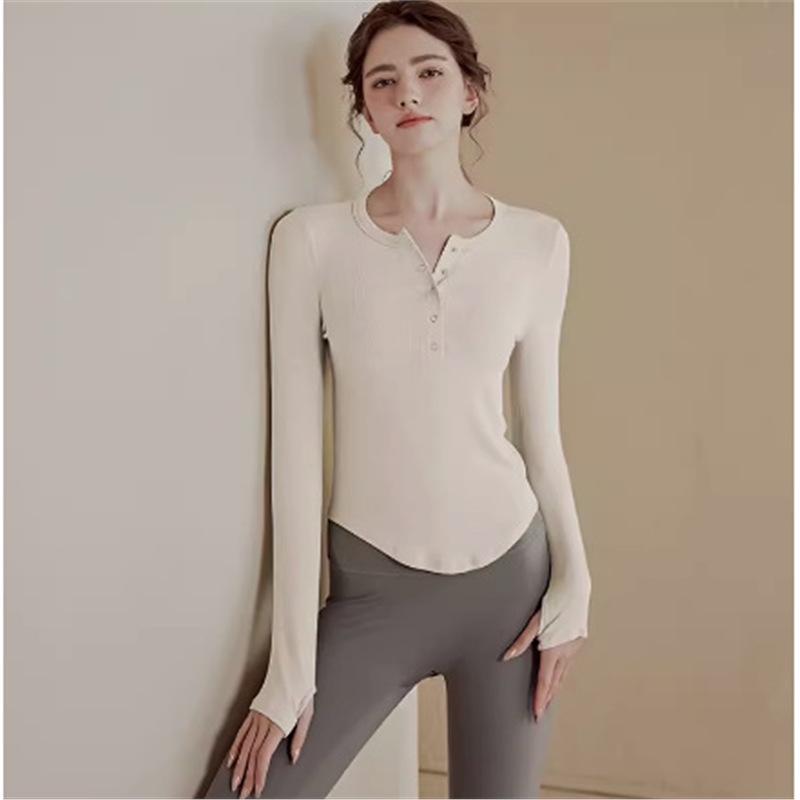 

Женский спортивный топ с длинным рукавом и круглым вырезом - Эластичный, приталенный крой, одежда для йоги и бега на весну и осень L (Suggested 105-120 lbs)