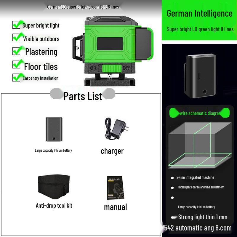 High-Precision Laser 12-Line Green Light Infrared Level Meter with 16 Floor Stickers