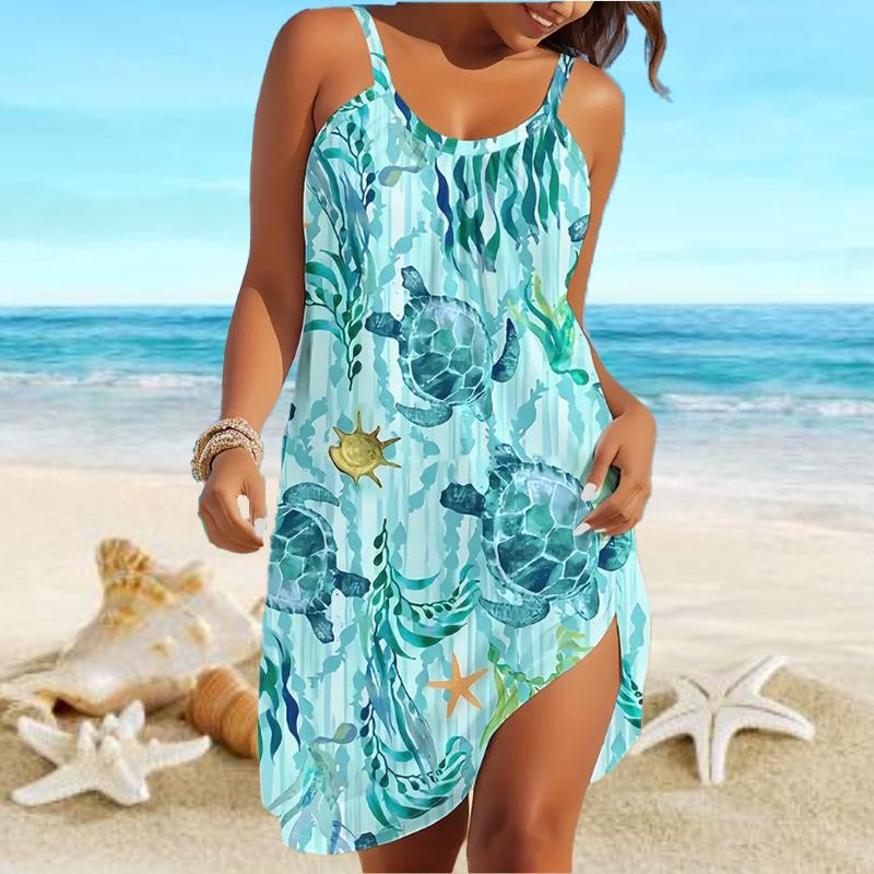 Beach Wear Mini Dress Print Casual Modern Dress Sleeveless Loose Fit Outdoor Daily Boutique Women's Turtle Print Camisole Skirt Summer