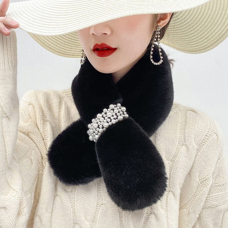 Girl's Scarf Winter Student Medium Long Fashion Versatile Pearl Scarf Soft Warm Scarf